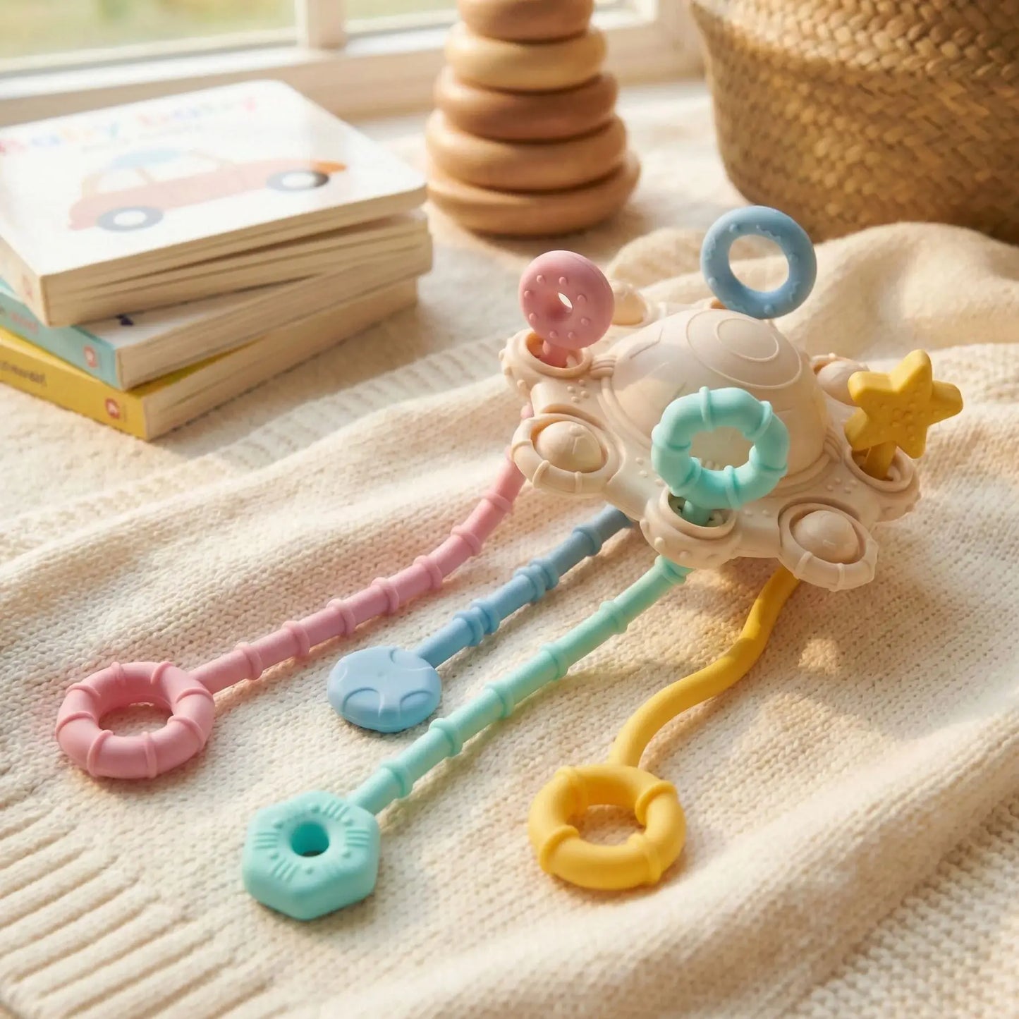 Jouet Sensoriel à Cordes — Éveil Motricité Bébé 6-18 mois